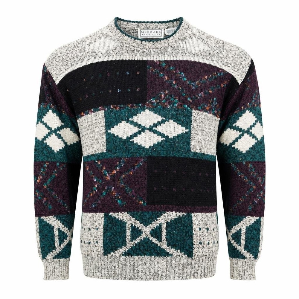 VTG Michael Gerald Sweater Mens M Teal Purple Geometric Colorblock Retro Grandpa